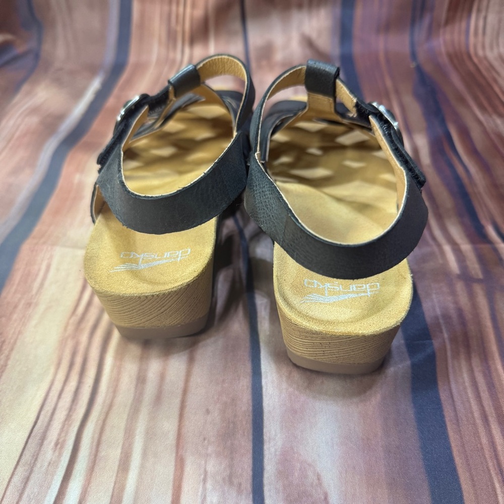 Dansko Black Leather Woven T-Strap Sandals - Picture 3 of 5